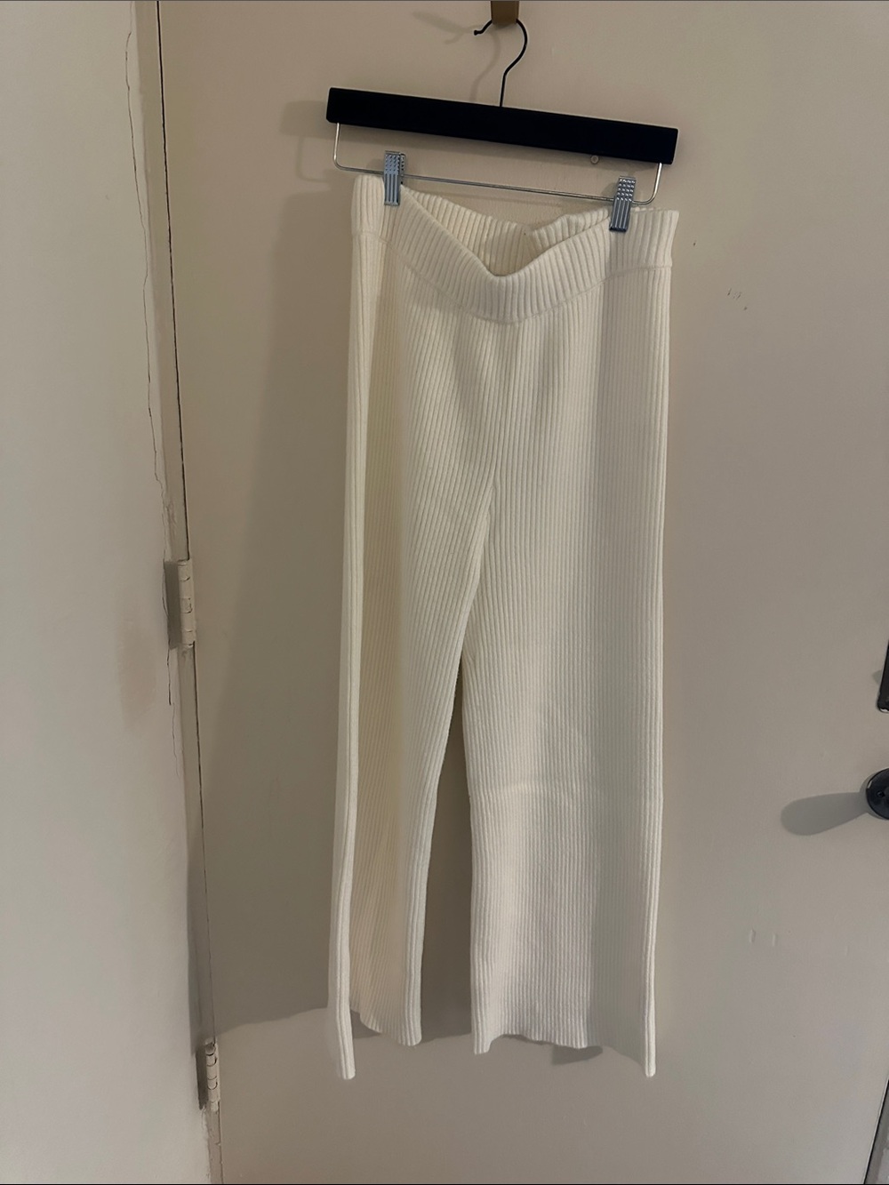 JUSTFAB White Ribbed Knit Wide Leg Women's Pants Elastic Waist Pull On L